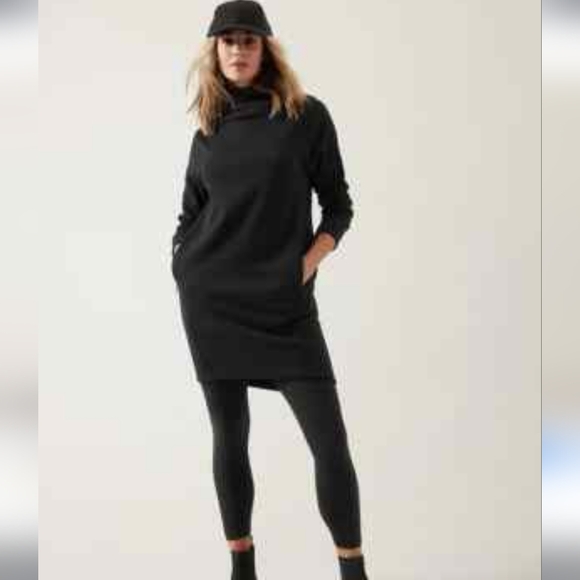 Athleta Cozy Karma Black Sweatshirt Dress Cowl Funnel Neck Medium M Tall - Picture 1 of 8